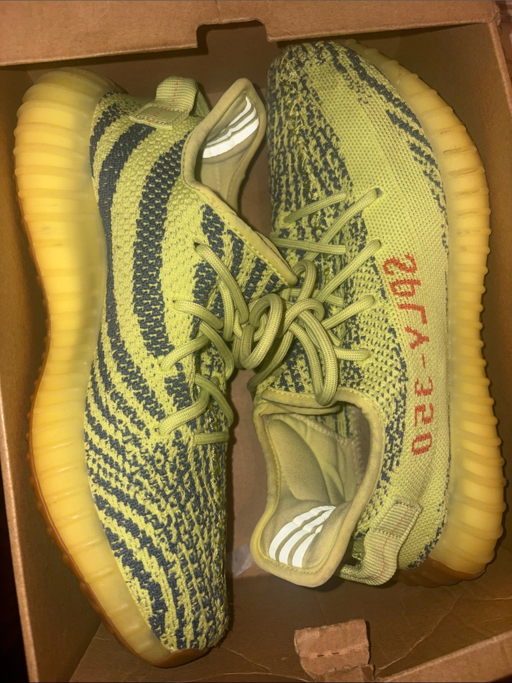 Yeezy Boost 350 V2 Yellow-Green Knit Sneakers with Orange Accents